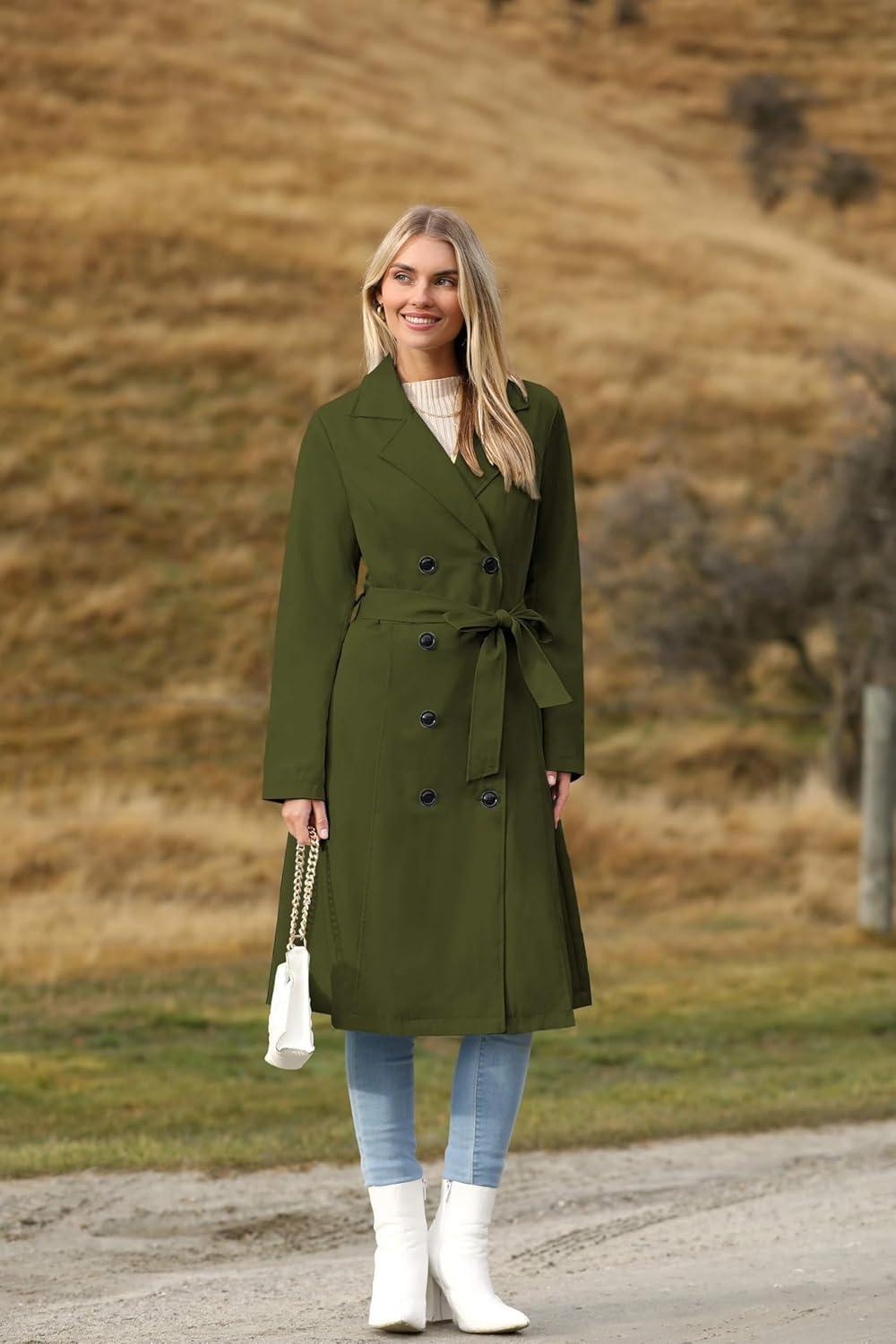 imageZeagoo Womens Trench Coats DoubleBreasted Long Coat with BeltDark Green