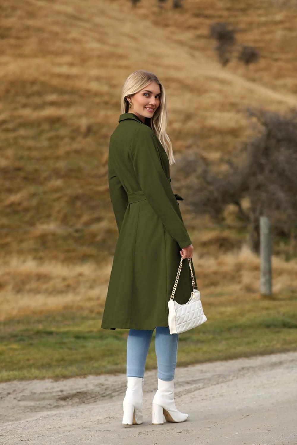 imageZeagoo Womens Trench Coats DoubleBreasted Long Coat with BeltDark Green