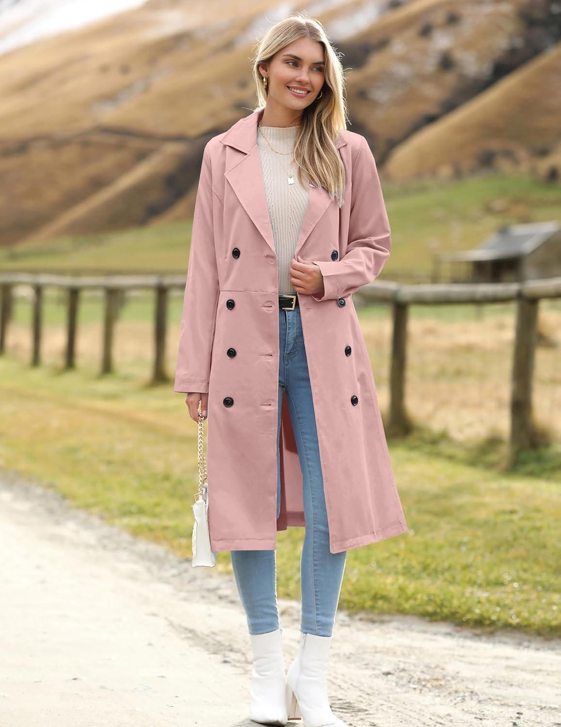 imageZeagoo Womens Trench Coats DoubleBreasted Long Coat with BeltLight Pink