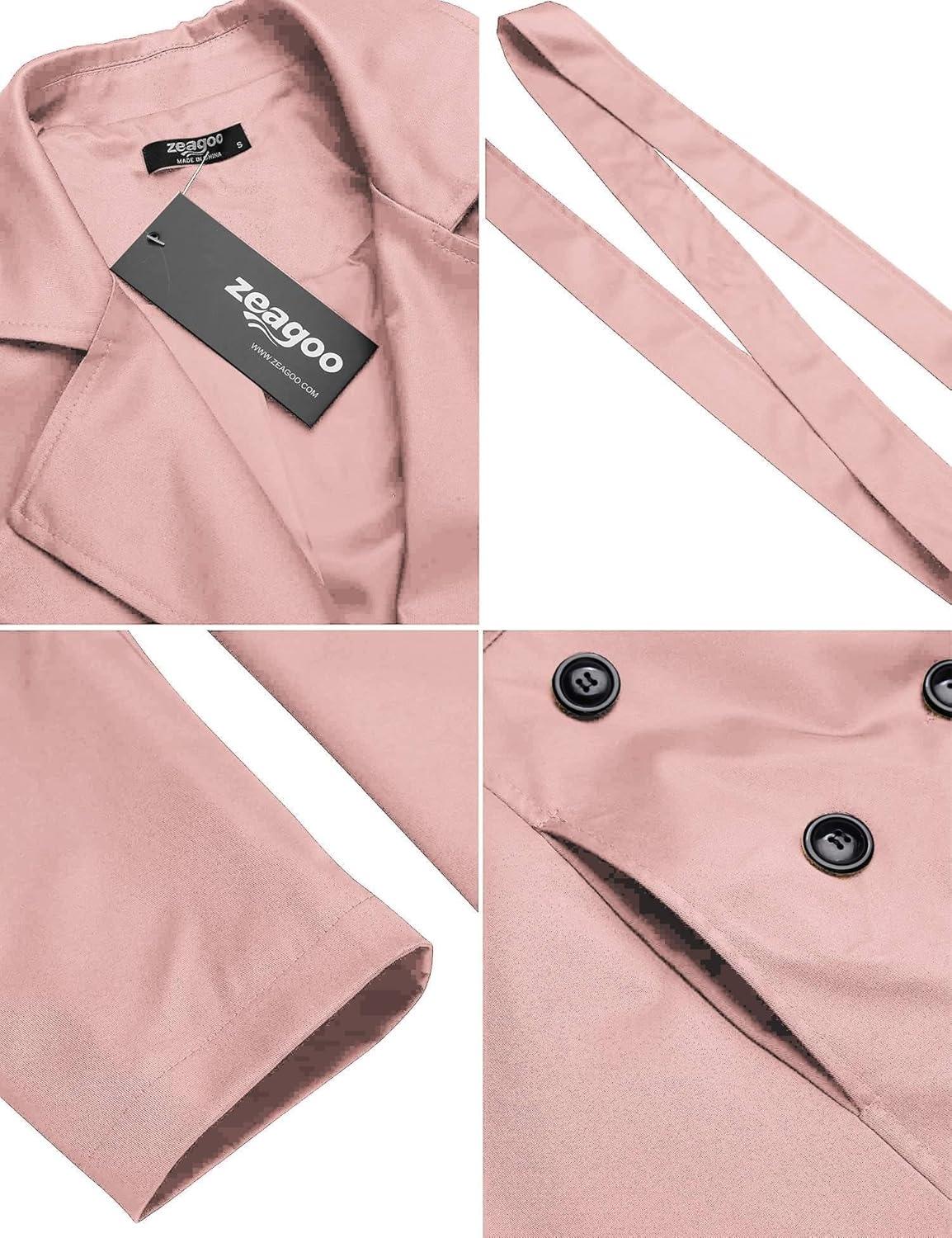 imageZeagoo Womens Trench Coats DoubleBreasted Long Coat with BeltLight Pink