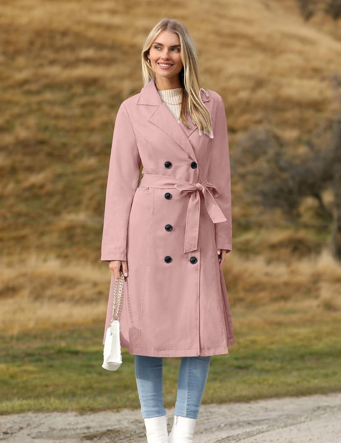 imageZeagoo Womens Trench Coats DoubleBreasted Long Coat with BeltLight Pink