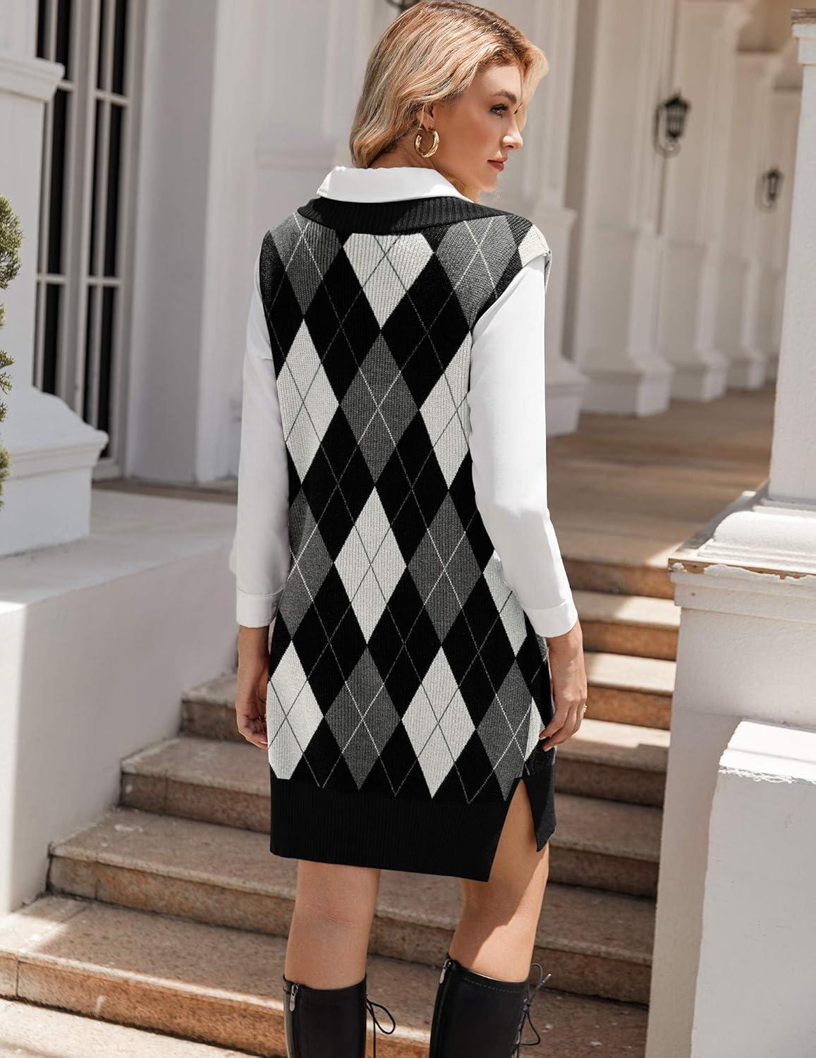 imageZeagoo Womens V Neck Sweater Vest Dress Oversized Sleeveless Casual Pullover Sweater Fall Winter Knit Slit Short DressBlack Diamond
