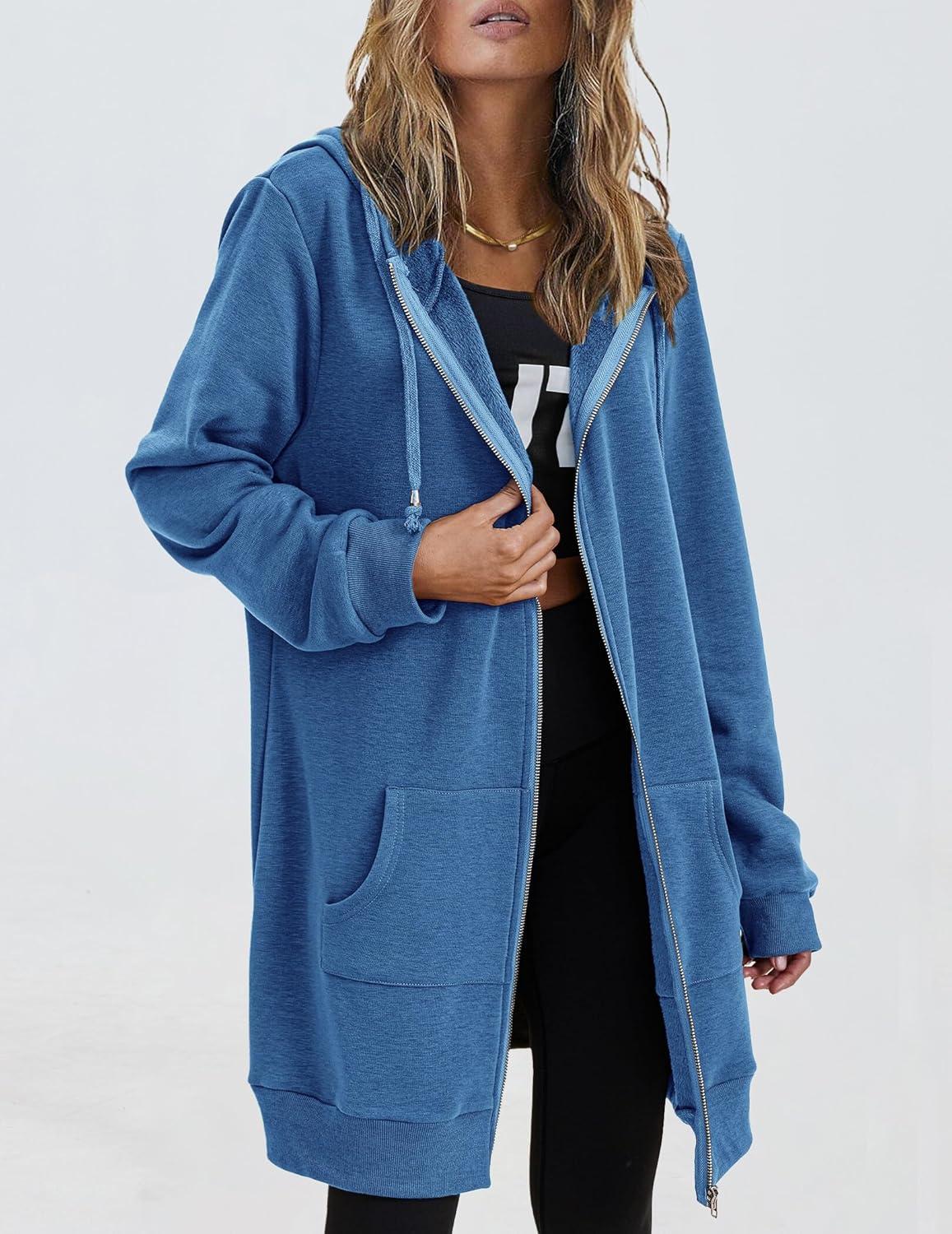 imageZeagoo Womens Zip Up Hoodies Long Tunic Sweatshirts Oversized Fleece Casual Long Sleeve 2024 Fall Hoodie Jacket Coat01 Blue