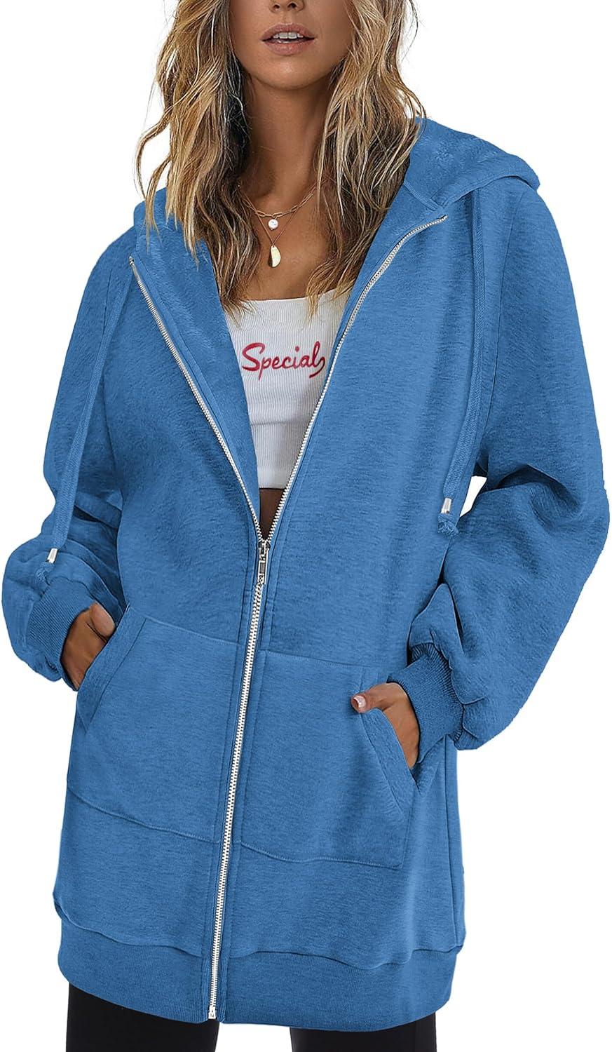 imageZeagoo Womens Zip Up Hoodies Long Tunic Sweatshirts Oversized Fleece Casual Long Sleeve 2024 Fall Hoodie Jacket Coat01 Blue