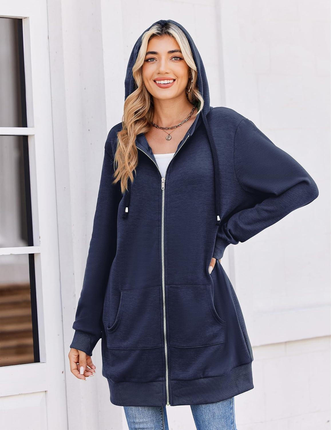 imageZeagoo Womens Zip Up Hoodies Long Tunic Sweatshirts Oversized Fleece Casual Long Sleeve 2024 Fall Hoodie Jacket Coat01 Dark Navy Blue