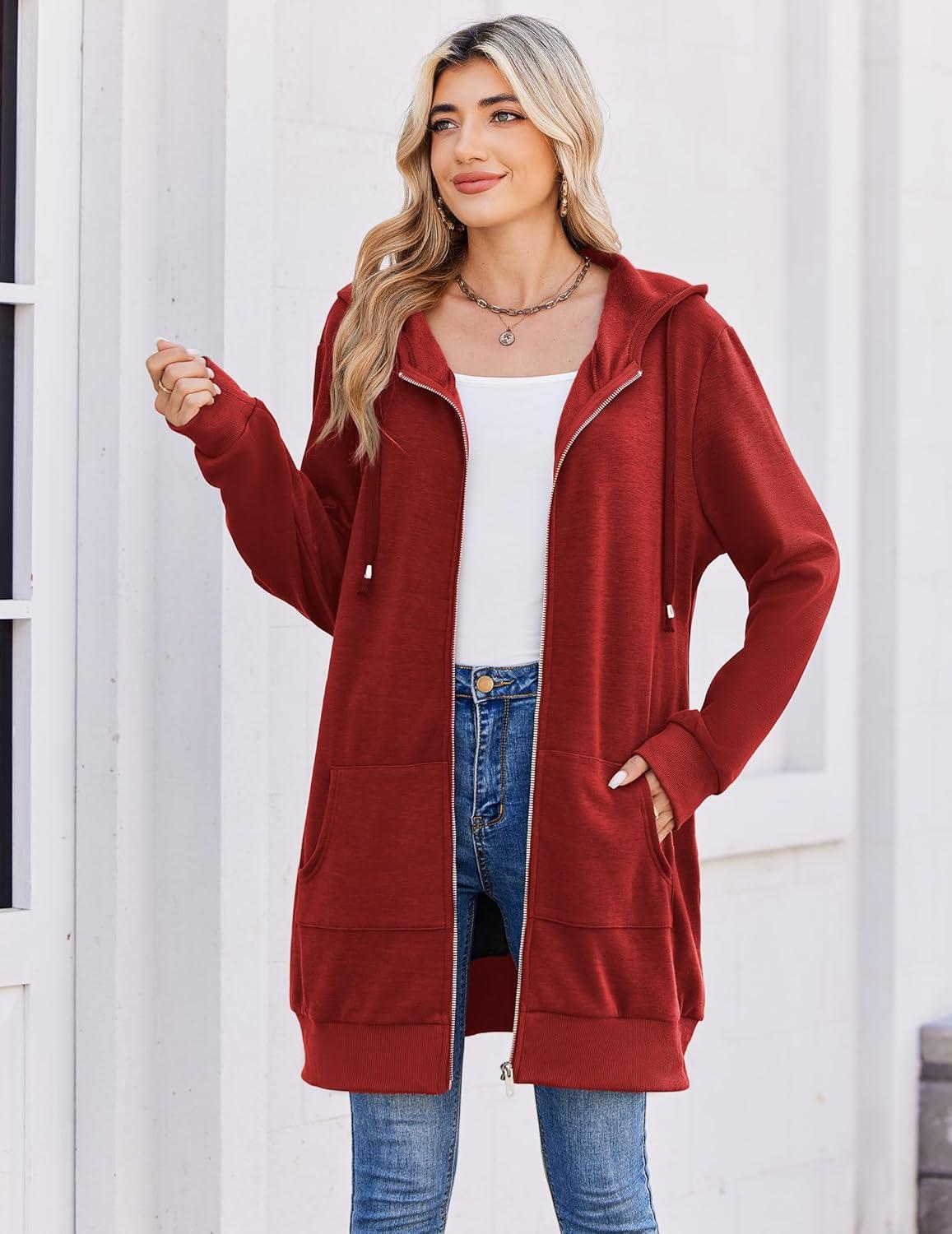 imageZeagoo Womens Zip Up Hoodies Long Tunic Sweatshirts Oversized Fleece Casual Long Sleeve 2024 Fall Hoodie Jacket Coat01 Red
