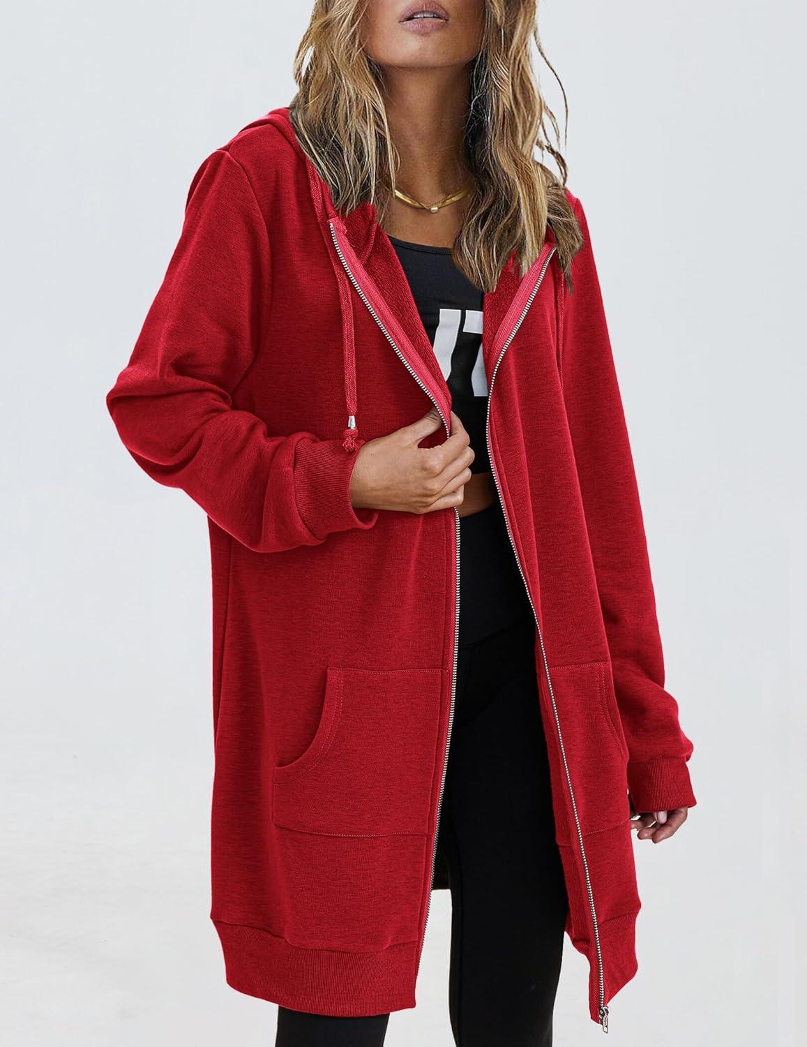 imageZeagoo Womens Zip Up Hoodies Long Tunic Sweatshirts Oversized Fleece Casual Long Sleeve 2024 Fall Hoodie Jacket Coat01 Red