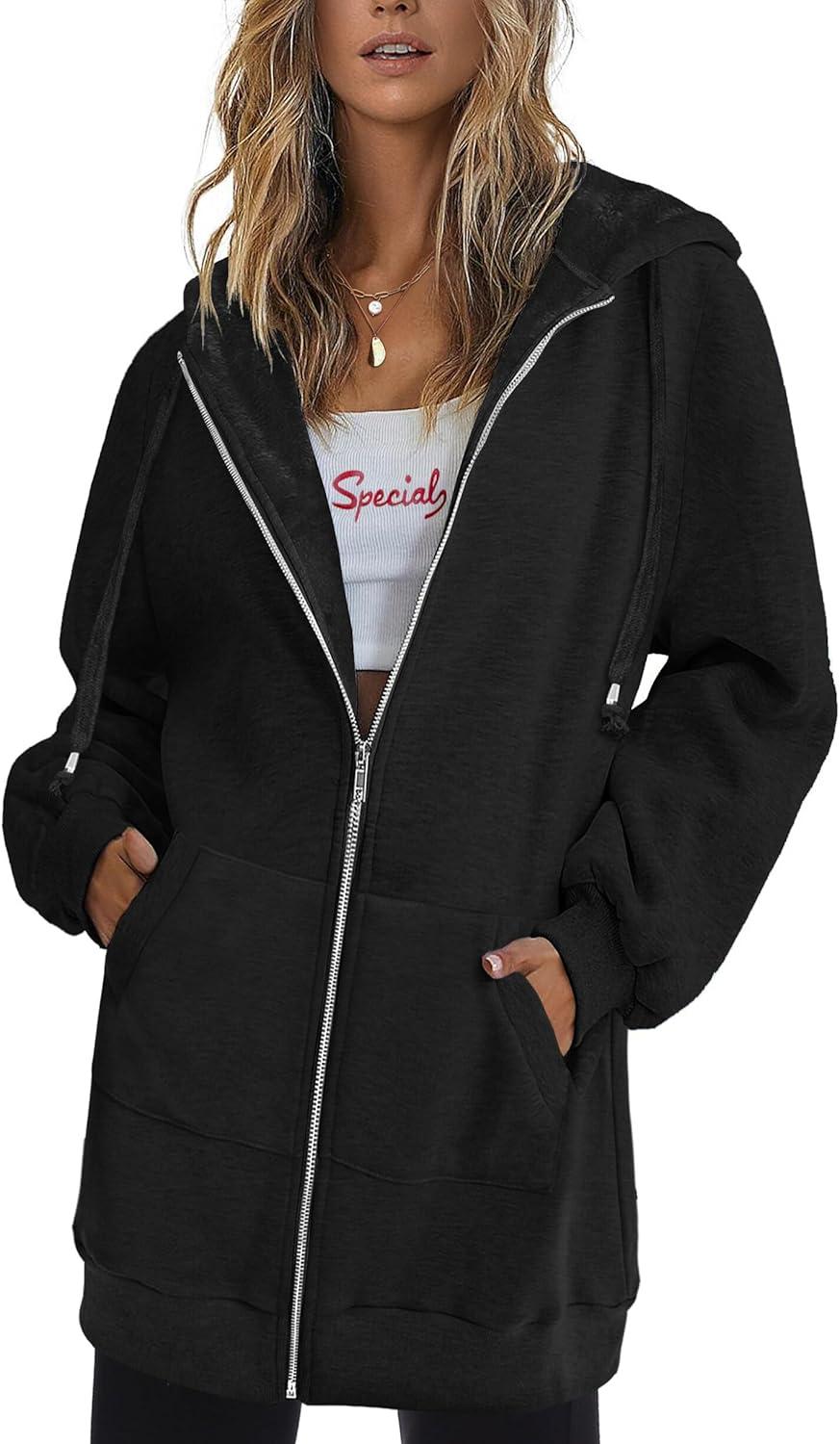 imageZeagoo Womens Zip Up Hoodies Long Tunic Sweatshirts Oversized Fleece Casual Long Sleeve 2024 Fall Hoodie Jacket CoatBlack