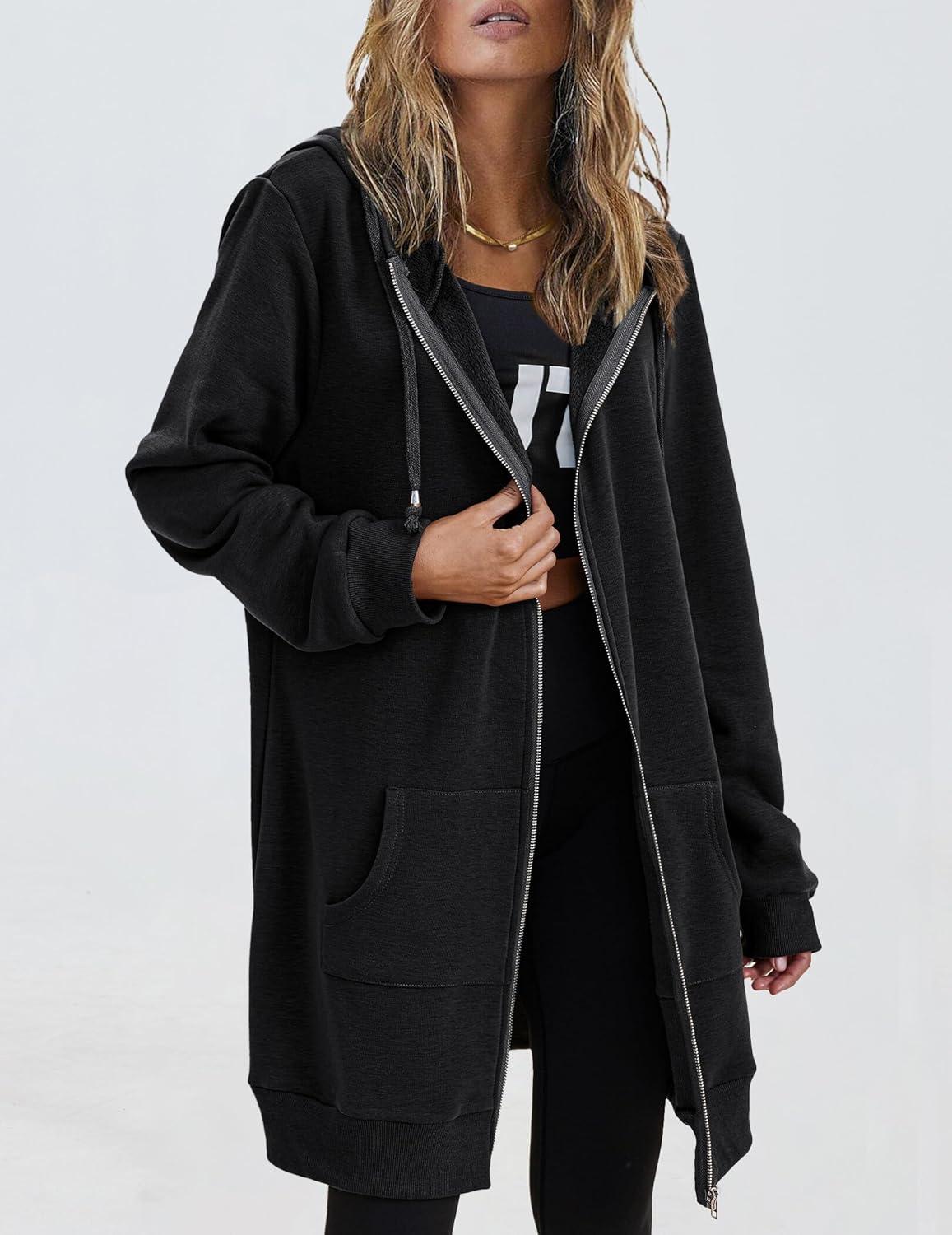 imageZeagoo Womens Zip Up Hoodies Long Tunic Sweatshirts Oversized Fleece Casual Long Sleeve 2024 Fall Hoodie Jacket CoatBlack