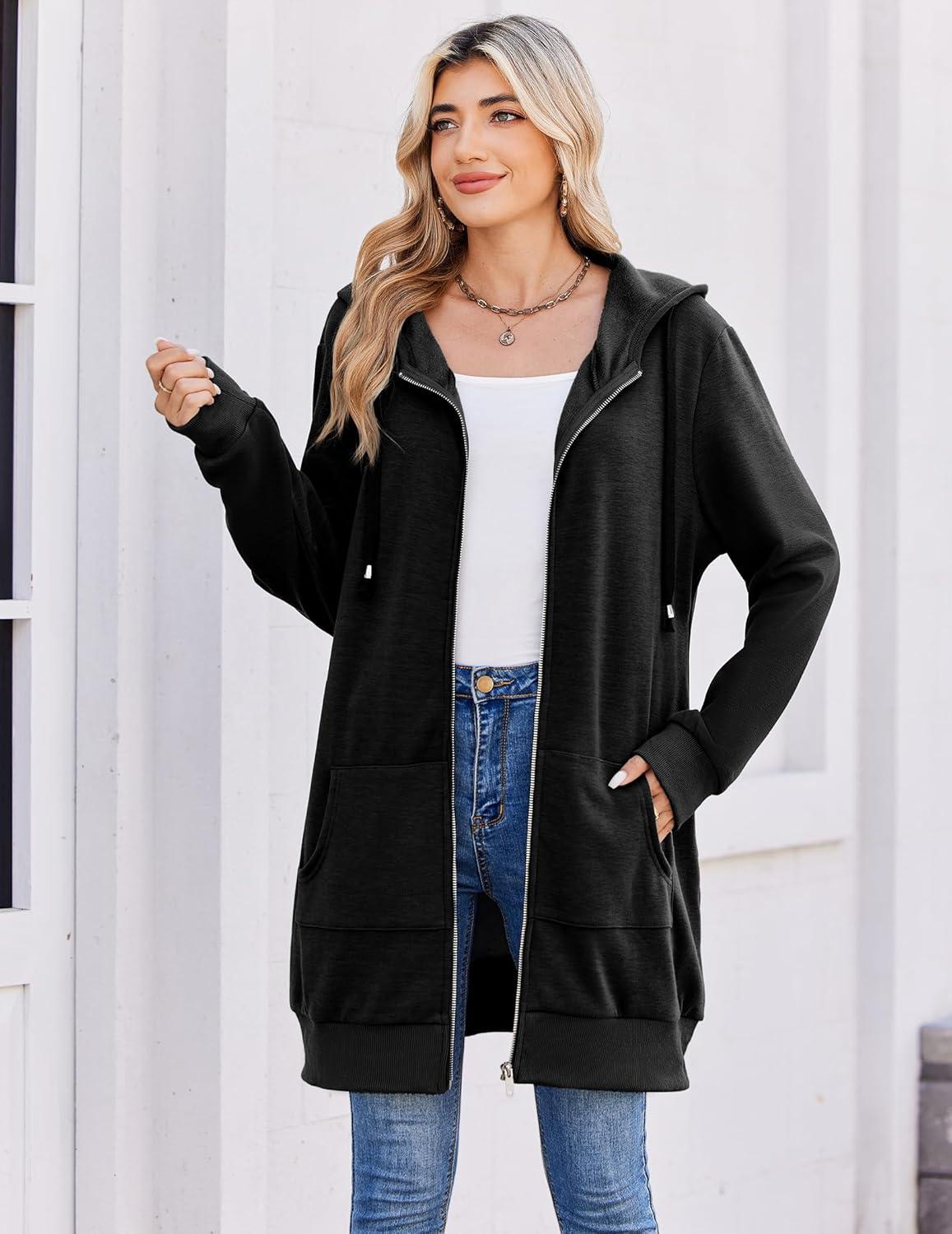 imageZeagoo Womens Zip Up Hoodies Long Tunic Sweatshirts Oversized Fleece Casual Long Sleeve 2024 Fall Hoodie Jacket CoatBlack