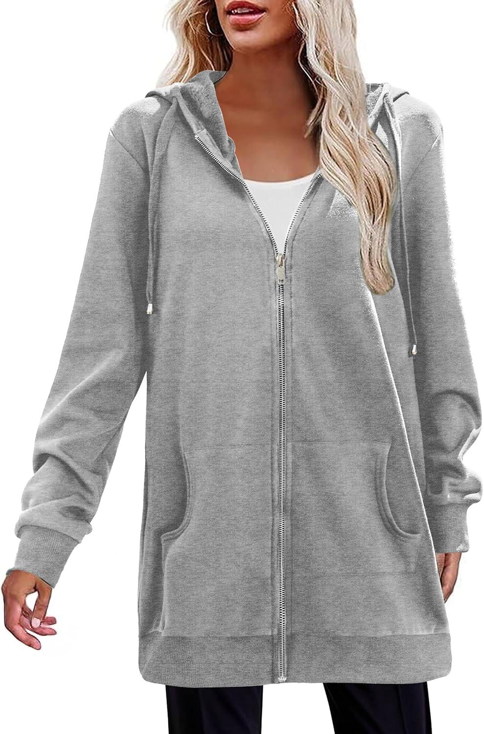 imageZeagoo Womens Zip Up Hoodies Long Tunic Sweatshirts Oversized Fleece Casual Long Sleeve 2024 Fall Hoodie Jacket CoatGrey