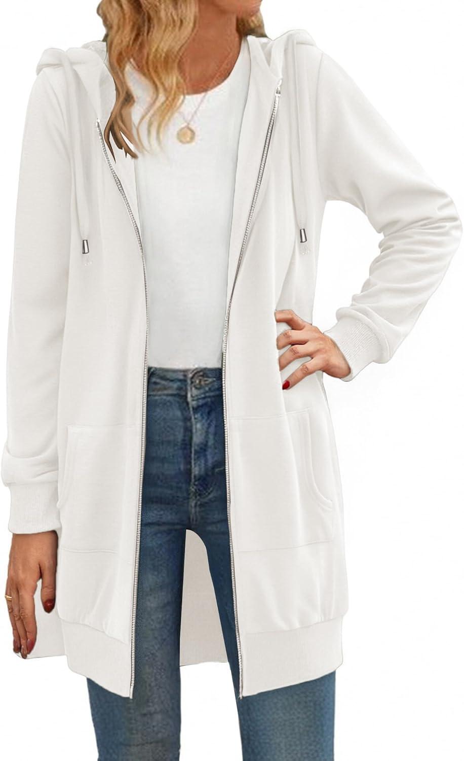 imageZeagoo Womens Zip Up Hoodies Long Tunic Sweatshirts Oversized Fleece Casual Long Sleeve 2024 Fall Hoodie Jacket CoatWhite