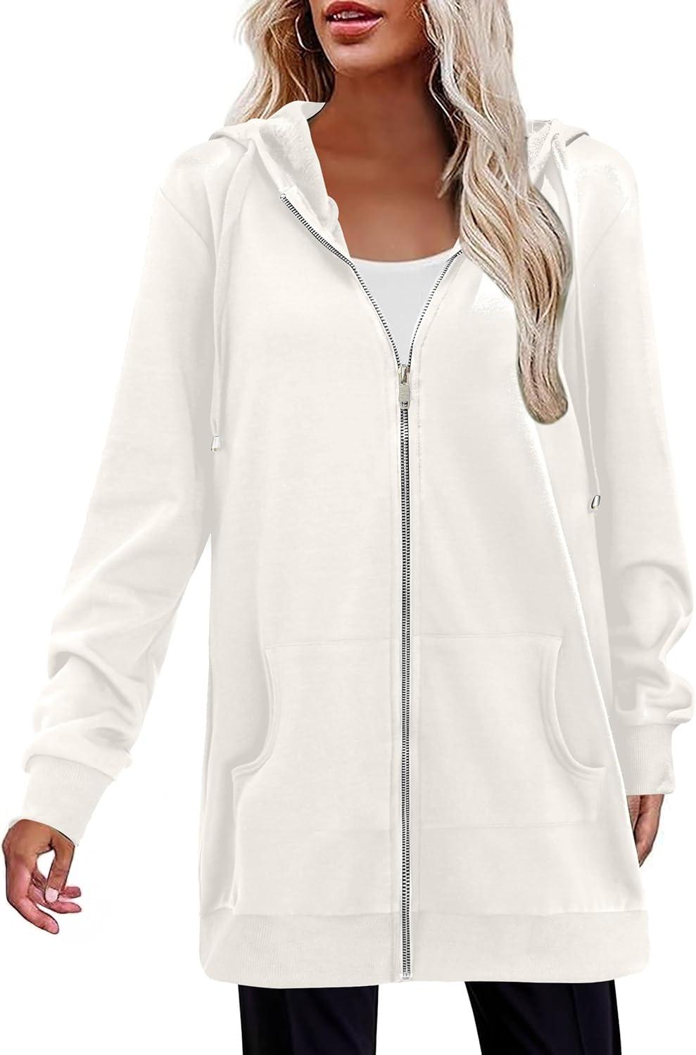 imageZeagoo Womens Zip Up Hoodies Long Tunic Sweatshirts Oversized Fleece Casual Long Sleeve 2024 Fall Hoodie Jacket CoatWhite