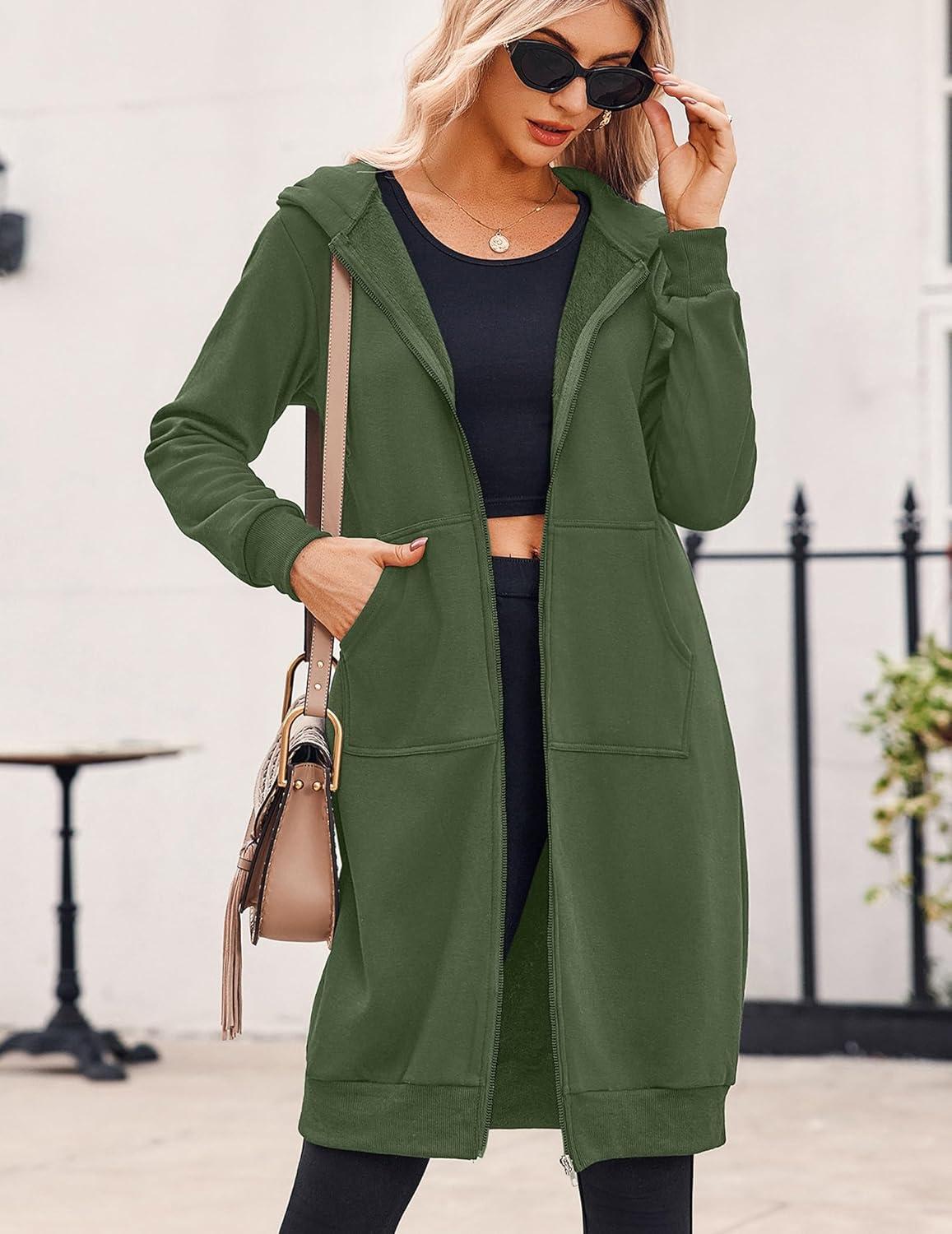 imageZeagoo Womens Zip Up Hoodies Oversized Fleece Long Tunic Sweatshirts Casual Long Sleeve 2026 Fall Hoodie Jacket CoatArmy Green