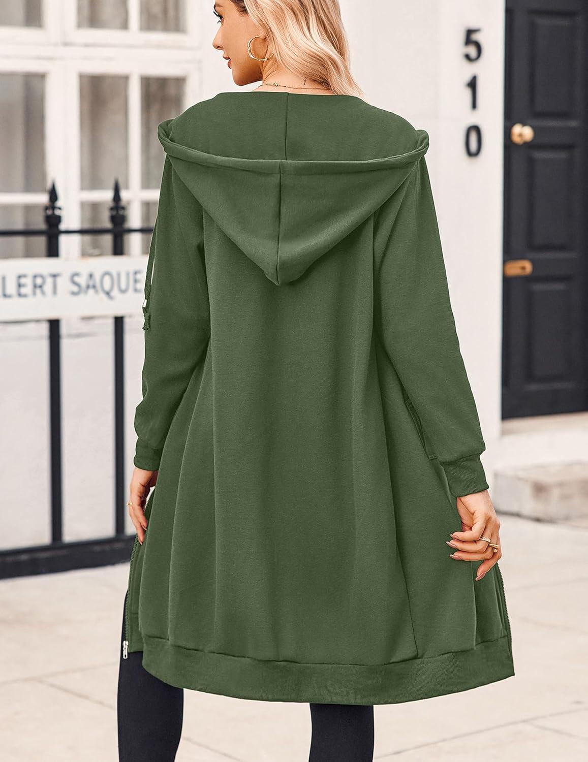 imageZeagoo Womens Zip Up Hoodies Oversized Fleece Long Tunic Sweatshirts Casual Long Sleeve 2026 Fall Hoodie Jacket CoatArmy Green