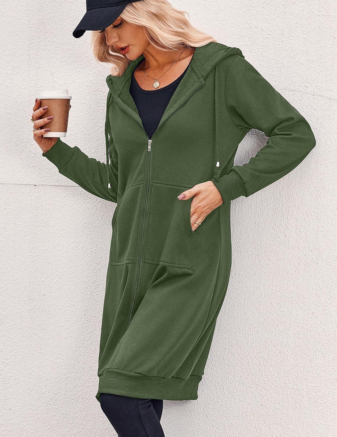 imageZeagoo Womens Zip Up Hoodies Oversized Fleece Long Tunic Sweatshirts Casual Long Sleeve 2026 Fall Hoodie Jacket CoatArmy Green