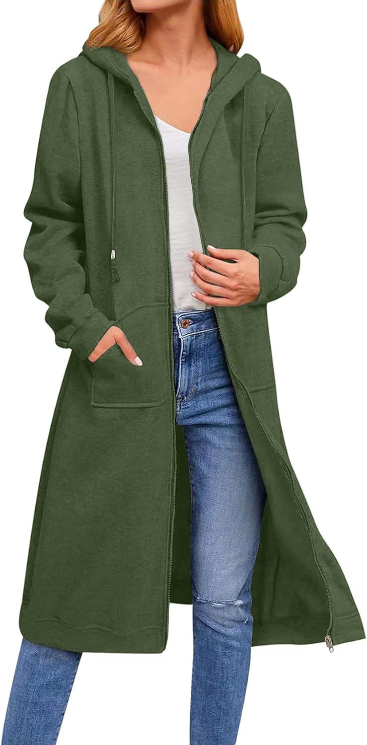 imageZeagoo Womens Zip Up Hoodies Oversized Fleece Long Tunic Sweatshirts Casual Long Sleeve 2026 Fall Hoodie Jacket CoatArmy Green