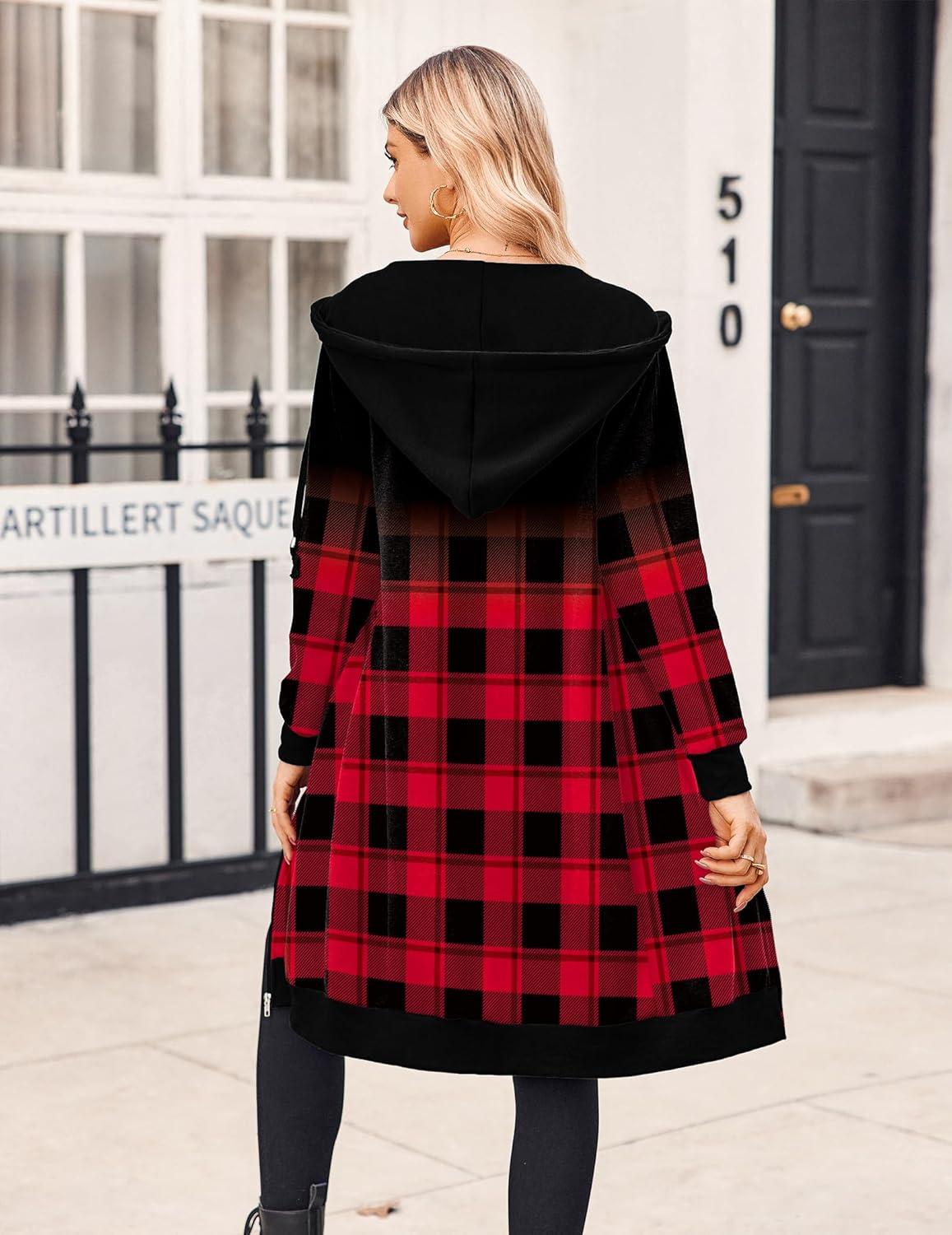 imageZeagoo Womens Zip Up Hoodies Oversized Fleece Long Tunic Sweatshirts Casual Long Sleeve 2026 Fall Hoodie Jacket CoatCheck Pattern