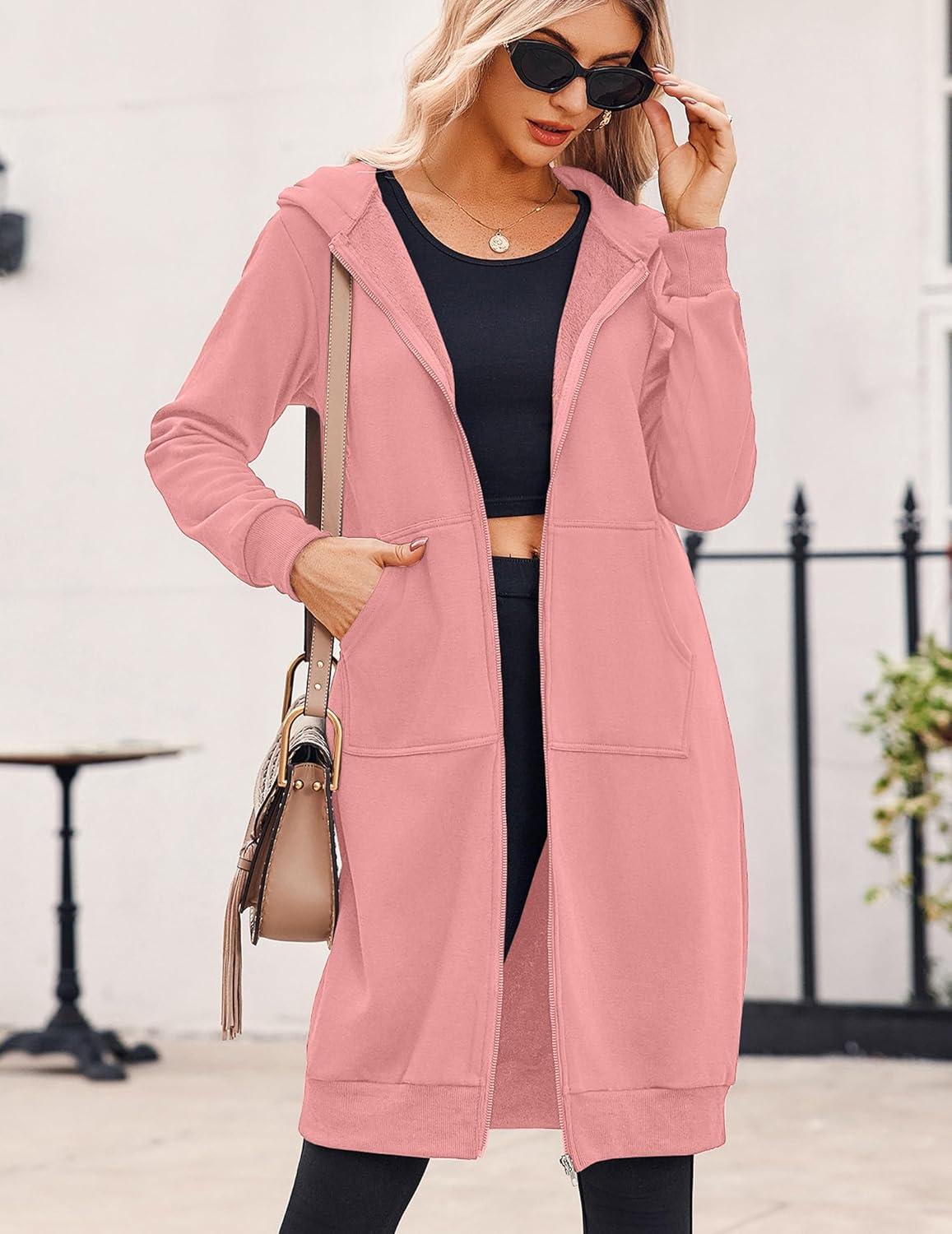 imageZeagoo Womens Zip Up Hoodies Oversized Fleece Long Tunic Sweatshirts Casual Long Sleeve 2026 Fall Hoodie Jacket CoatDark Pink