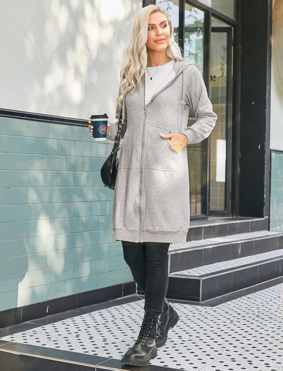 imageZeagoo Womens Zip Up Hoodies Oversized Fleece Long Tunic Sweatshirts Casual Long Sleeve 2026 Fall Hoodie Jacket CoatLight Grey