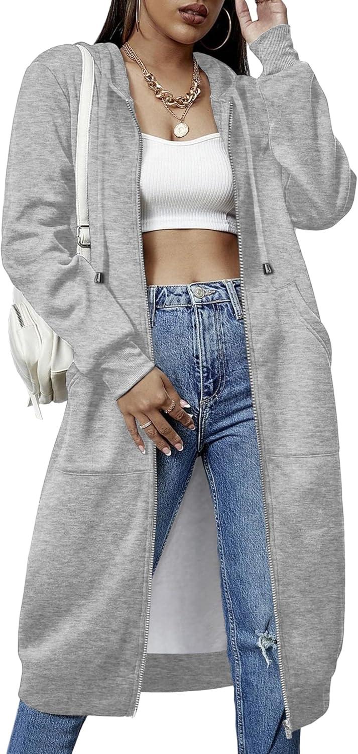 imageZeagoo Womens Zip Up Hoodies Oversized Fleece Long Tunic Sweatshirts Casual Long Sleeve 2026 Fall Hoodie Jacket CoatLight Grey