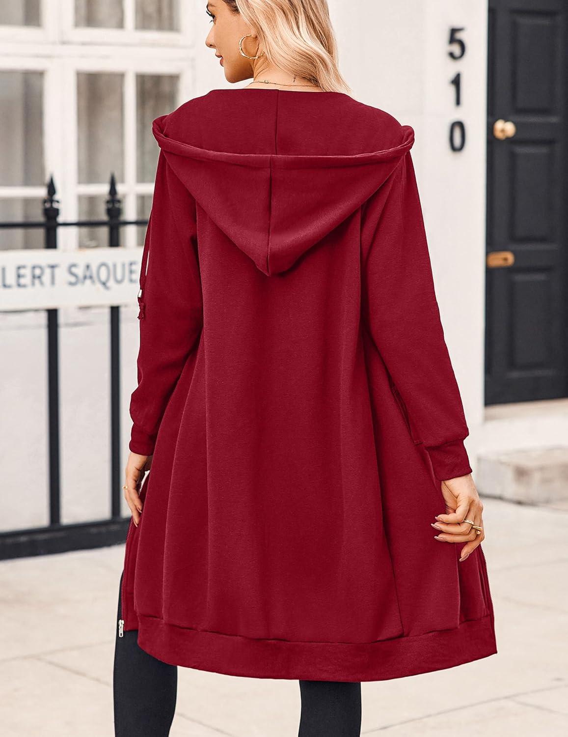 imageZeagoo Womens Zip Up Hoodies Oversized Fleece Long Tunic Sweatshirts Casual Long Sleeve 2026 Fall Hoodie Jacket CoatWine Red