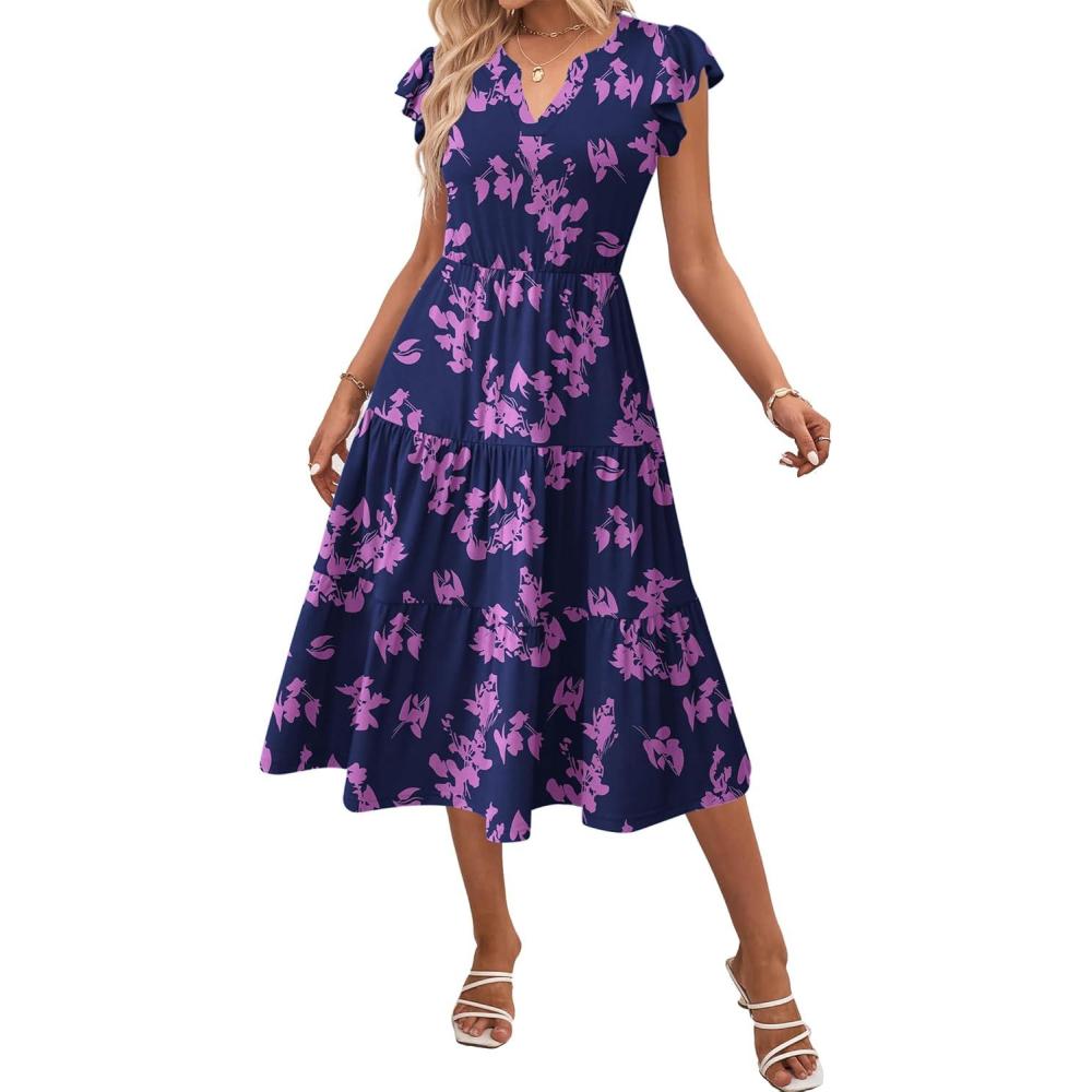imageZEAGOO Summer Dresses for Women 2026 Ruffle Sleeve Midi Dress Flowy Tiered Dress with PocketsBlack Pinkprinted