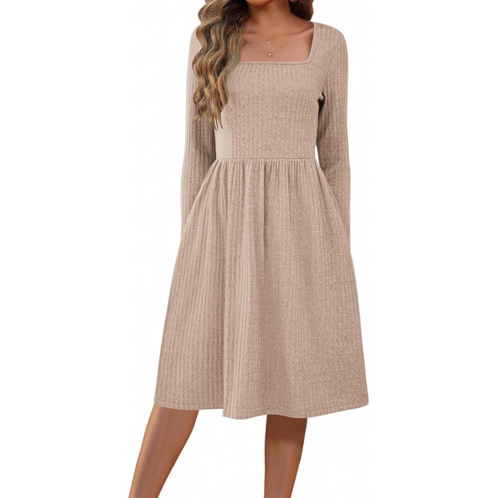 imageZEAGOO Women Dresses Spring Fall 2026 Sweater Dress Long Sleeve Casual Knit Dresses with PocketsApricot