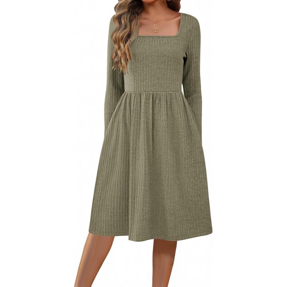 imageZEAGOO Women Dresses Spring Fall 2026 Sweater Dress Long Sleeve Casual Knit Dresses with PocketsArmy Green