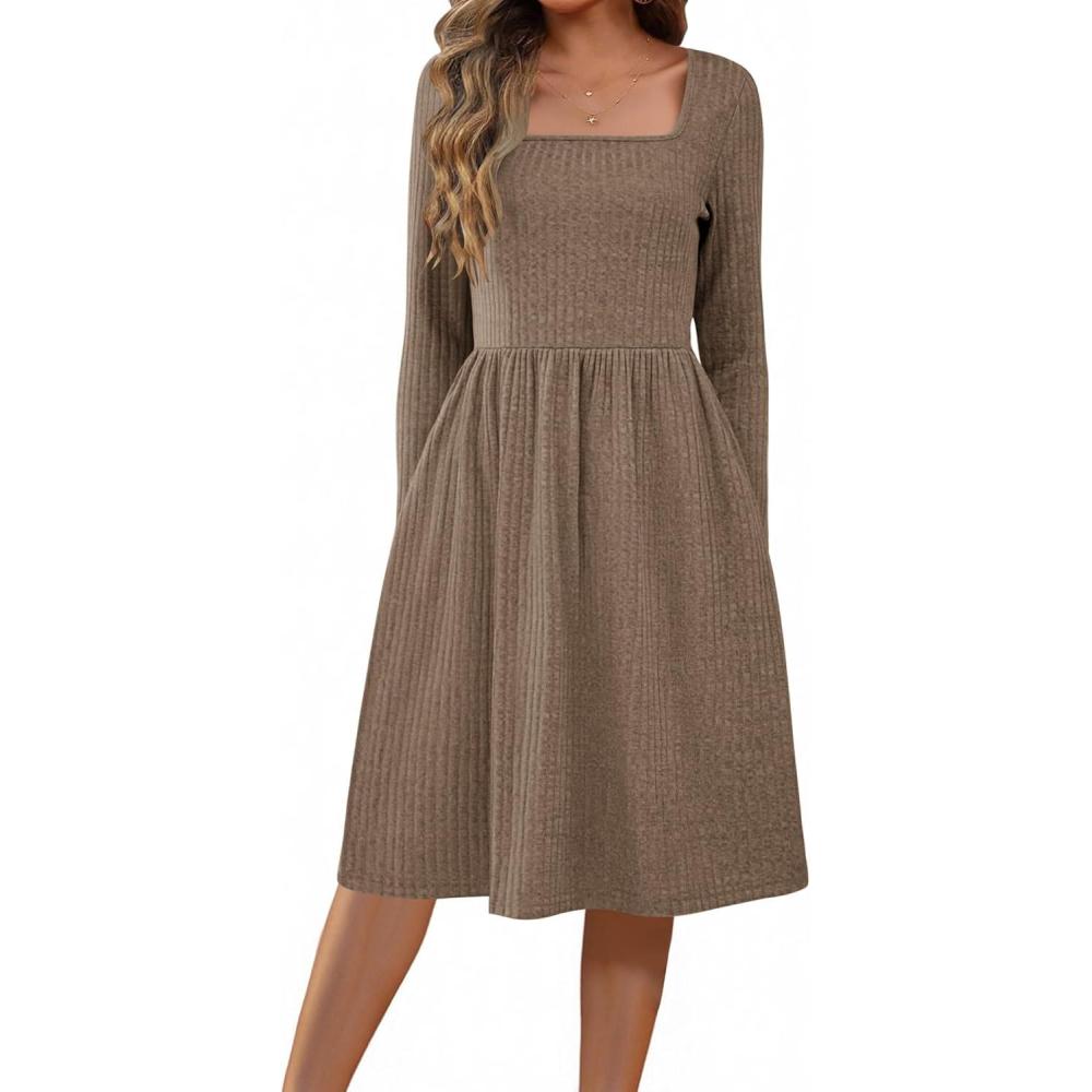 imageZEAGOO Women Dresses Spring Fall 2026 Sweater Dress Long Sleeve Casual Knit Dresses with PocketsBrown