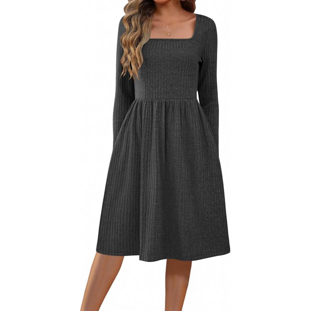 imageZEAGOO Women Dresses Spring Fall 2026 Sweater Dress Long Sleeve Casual Knit Dresses with PocketsDark Grey