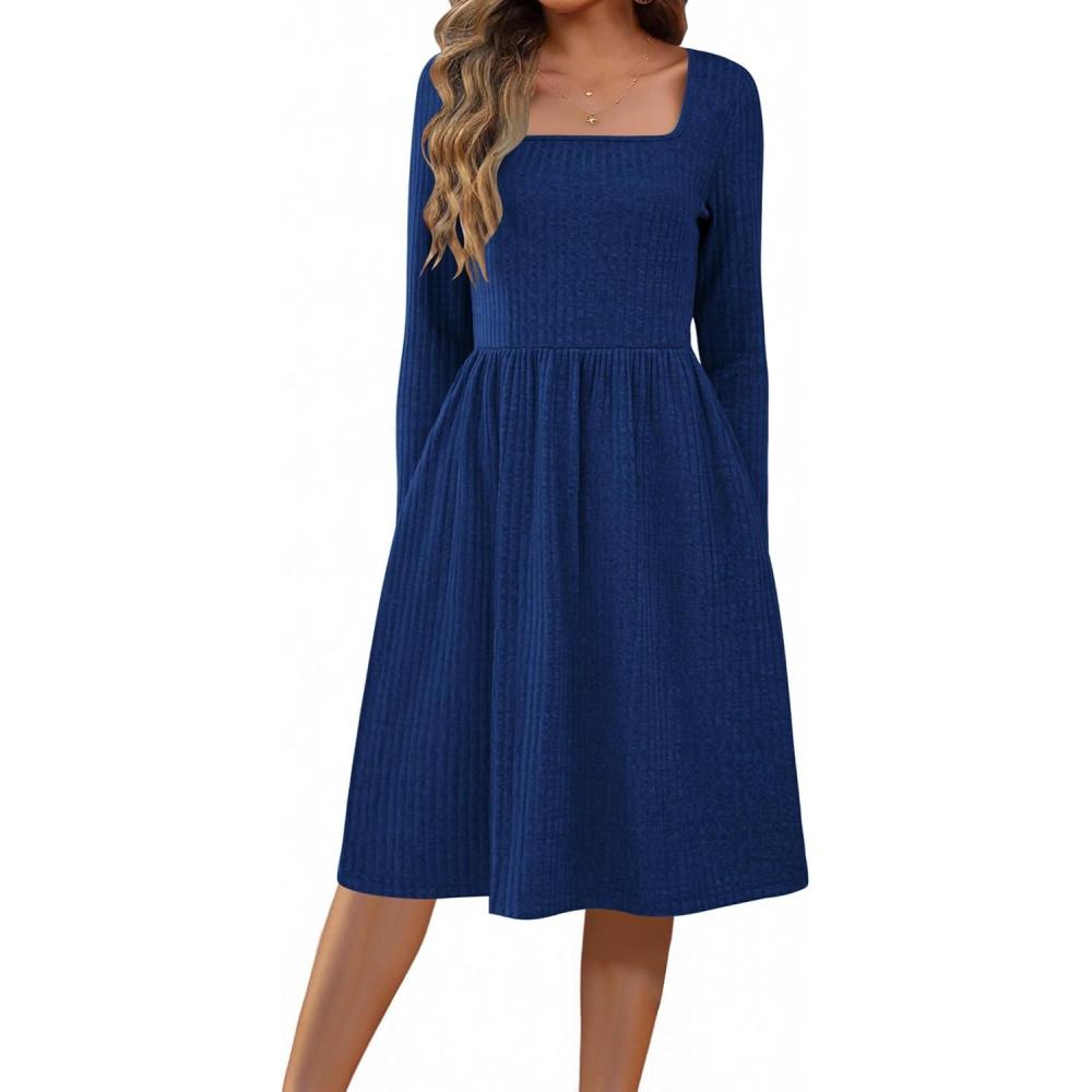 imageZEAGOO Women Dresses Spring Fall 2026 Sweater Dress Long Sleeve Casual Knit Dresses with PocketsNavy Blue