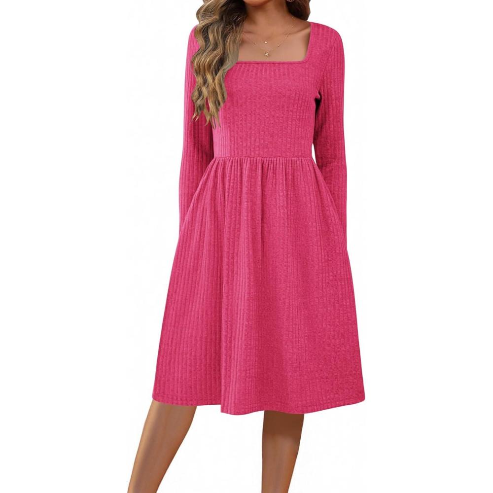 imageZEAGOO Women Dresses Spring Fall 2026 Sweater Dress Long Sleeve Casual Knit Dresses with PocketsRed