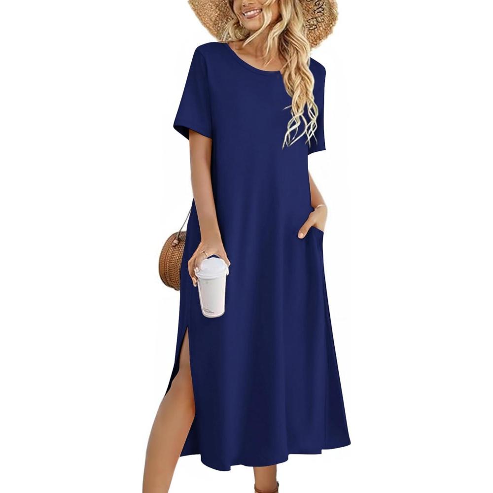 imageZEAGOO Women Summer Dress Casual Beach Dress Floral Maxi Split Long Dress 2026 Vacation Dress01 Navy