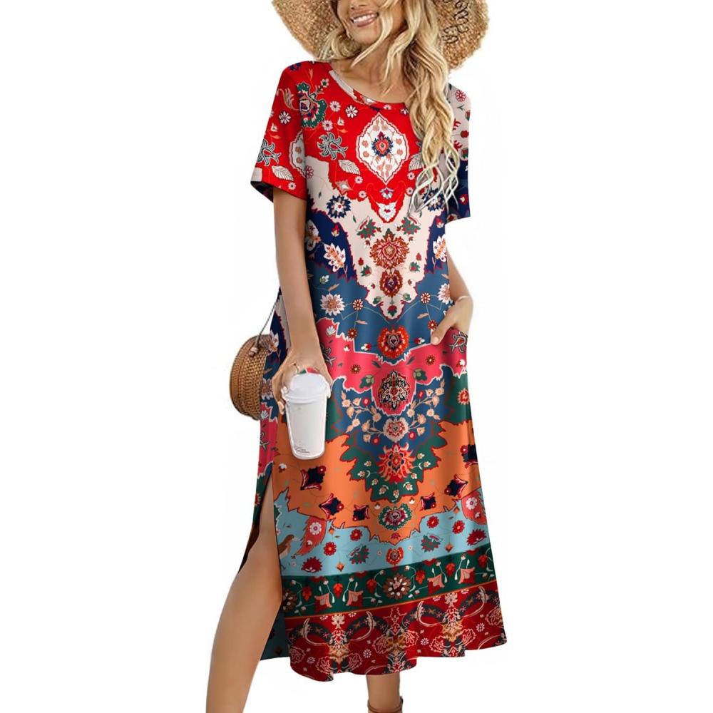 imageZEAGOO Women Summer Dress Casual Beach Dress Floral Maxi Split Long Dress 2026 Vacation Dress02 Colorful