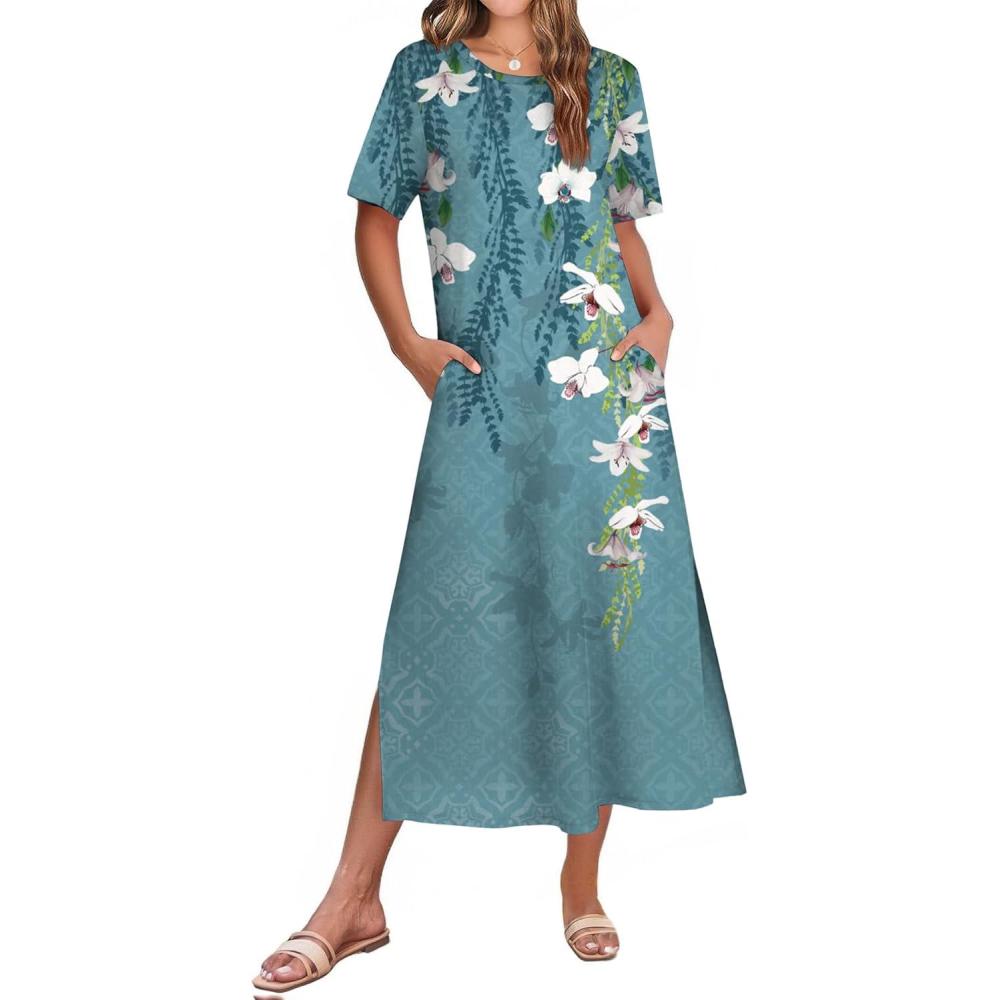 imageZEAGOO Women Summer Dress Casual Beach Dress Floral Maxi Split Long Dress 2026 Vacation DressBlue