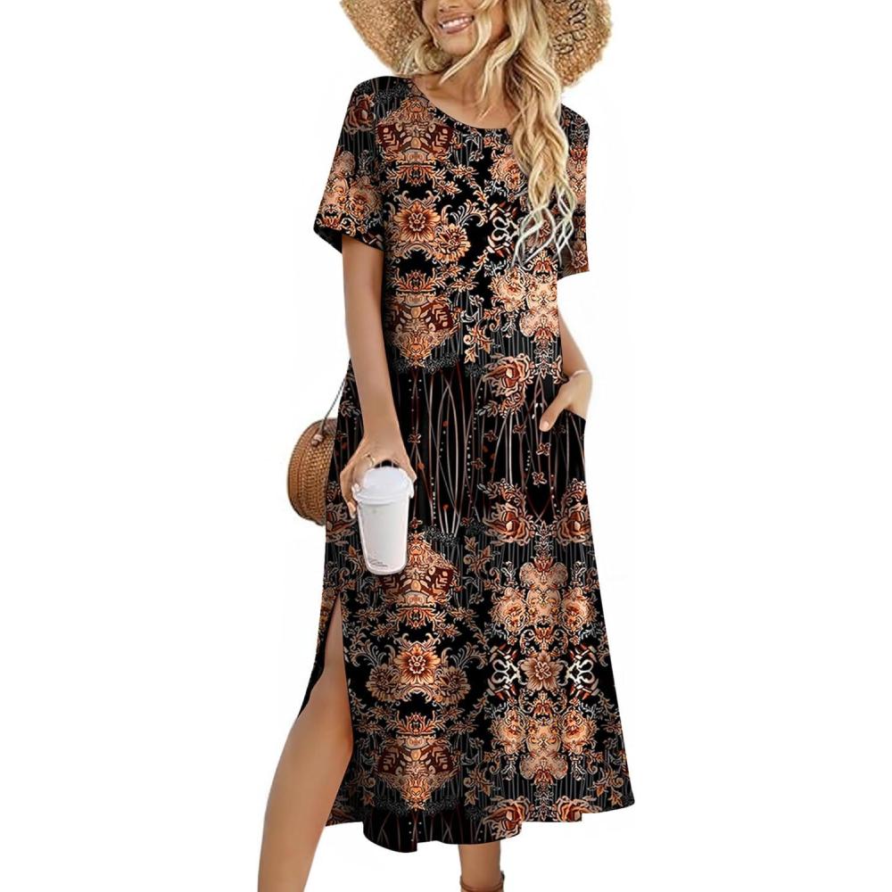 imageZEAGOO Women Summer Dress Casual Beach Dress Floral Maxi Split Long Dress 2026 Vacation DressBrown