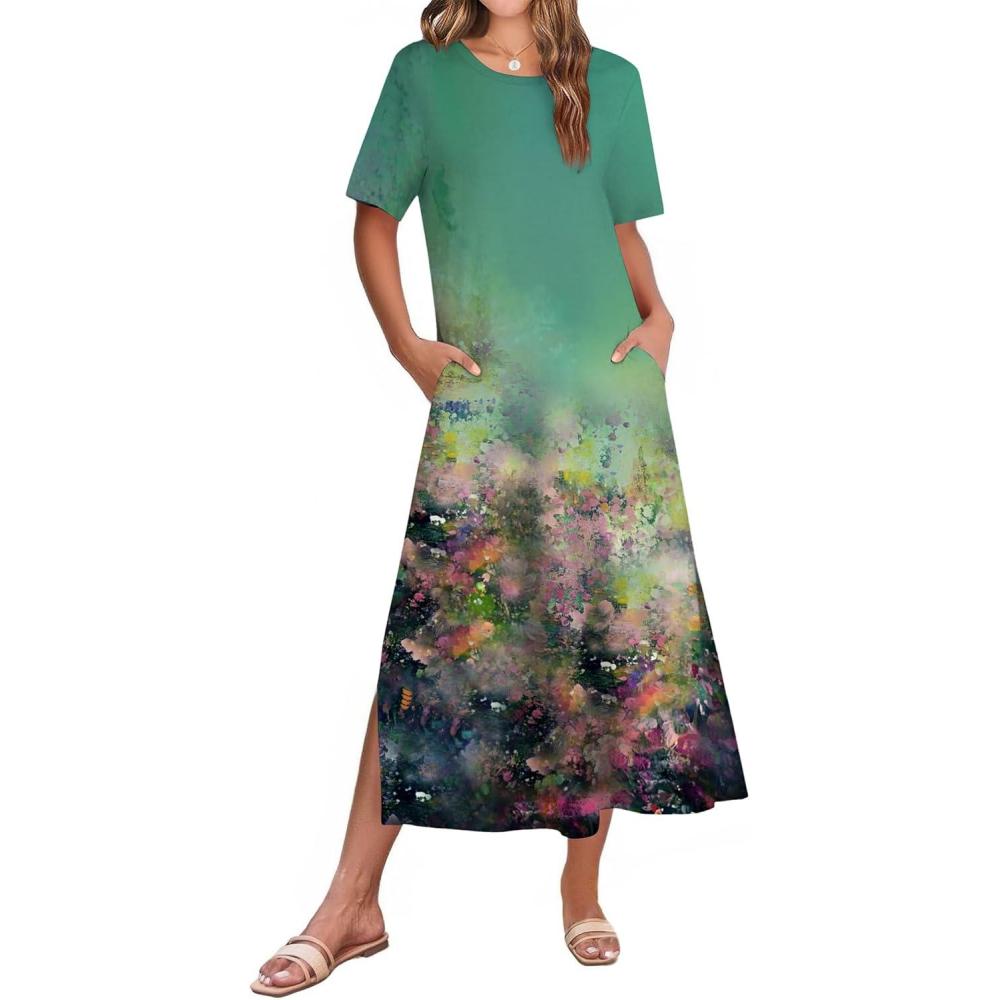 imageZEAGOO Women Summer Dress Casual Beach Dress Floral Maxi Split Long Dress 2026 Vacation DressGreen Cx322