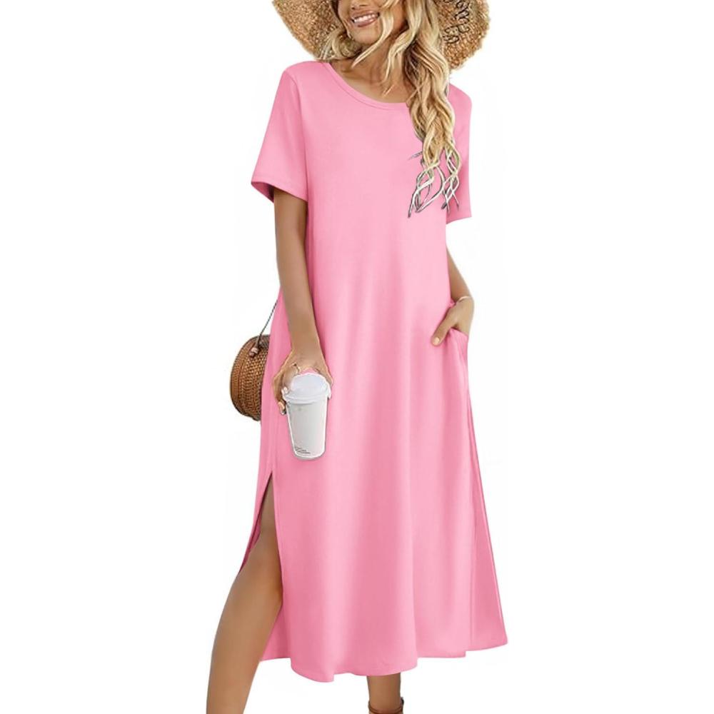 imageZEAGOO Women Summer Dress Casual Beach Dress Floral Maxi Split Long Dress 2026 Vacation DressPink