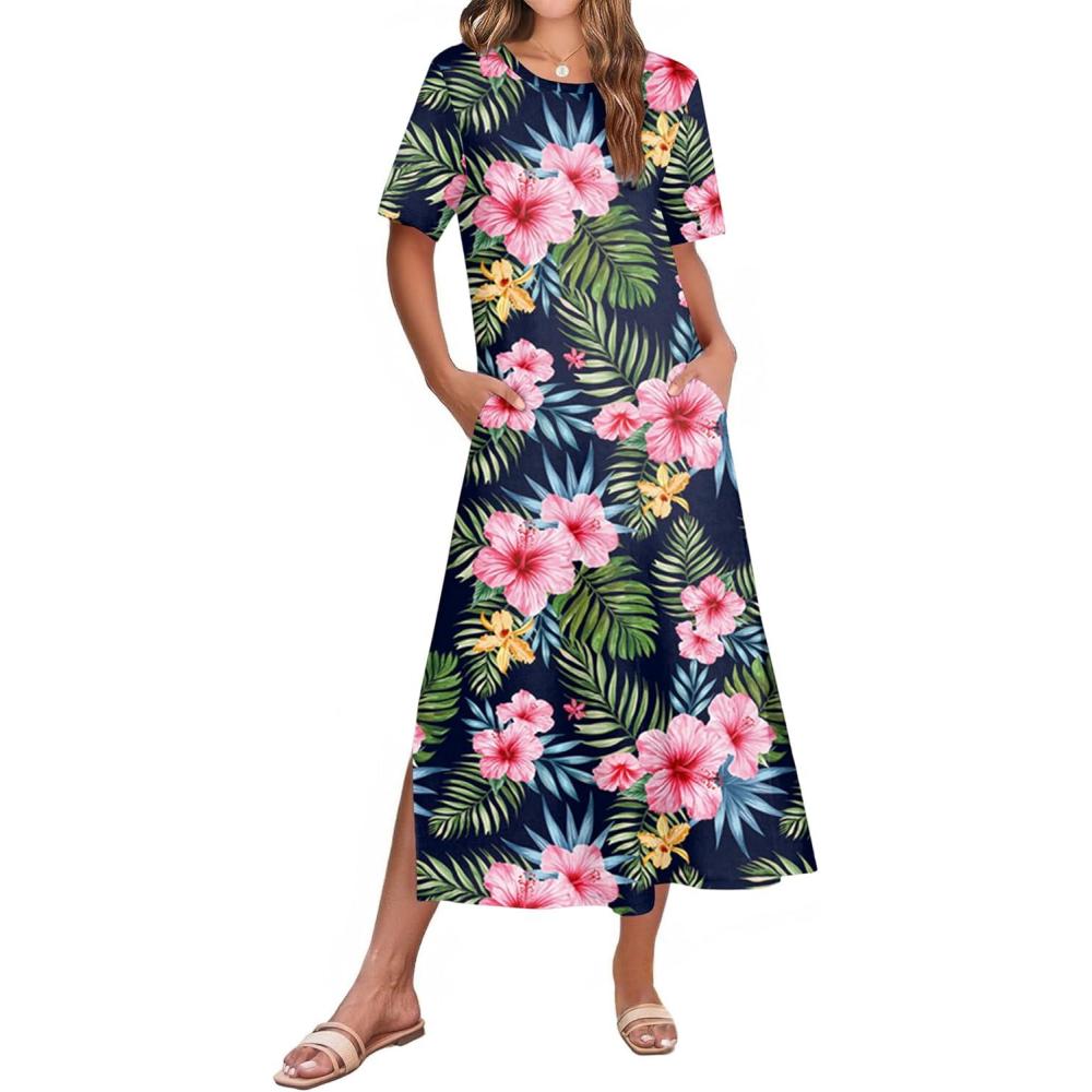imageZEAGOO Women Summer Dress Casual Beach Dress Floral Maxi Split Long Dress 2026 Vacation DressPink Floral