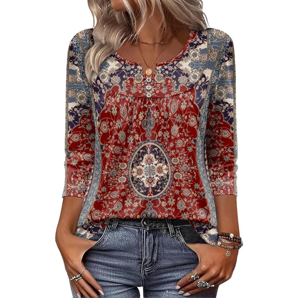 imageZeagoo 34 Length Sleeve Womens Tops 2026 V Neck T Shirts Dressy Casual Fall Blouses Floral Summer Business Work Basic TeesA01rust Ethnic Pattern