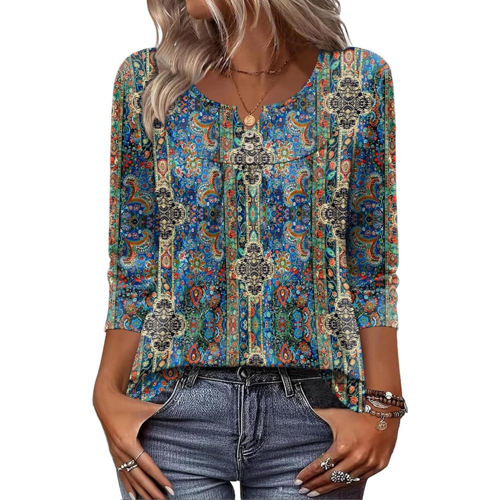 imageZeagoo 34 Length Sleeve Womens Tops 2026 V Neck T Shirts Dressy Casual Fall Blouses Floral Summer Business Work Basic TeesBlue Boho Print