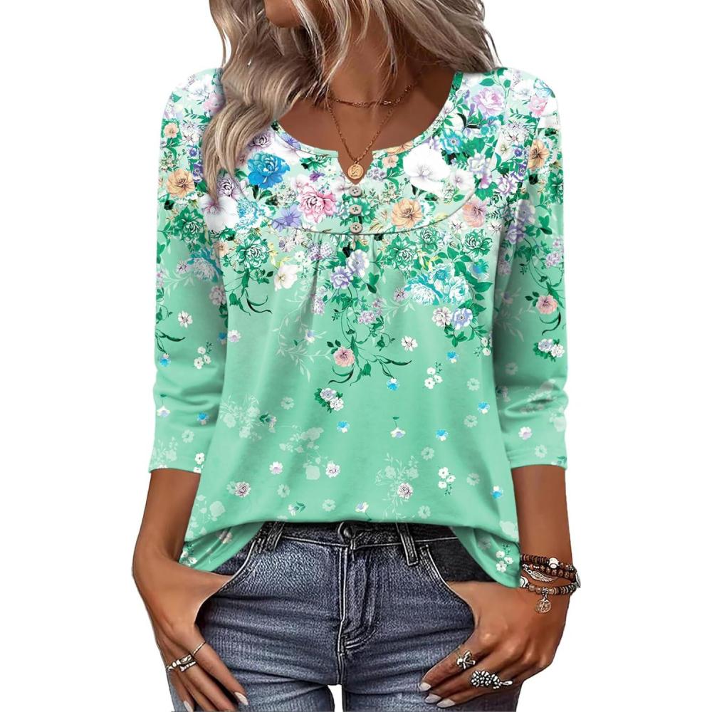 imageZeagoo 34 Length Sleeve Womens Tops 2026 V Neck T Shirts Dressy Casual Fall Blouses Floral Summer Business Work Basic TeesGreen Print