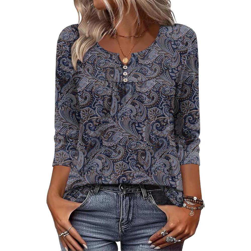 imageZeagoo 34 Length Sleeve Womens Tops 2026 V Neck T Shirts Dressy Casual Fall Blouses Floral Summer Business Work Basic TeesNavy Blue Print