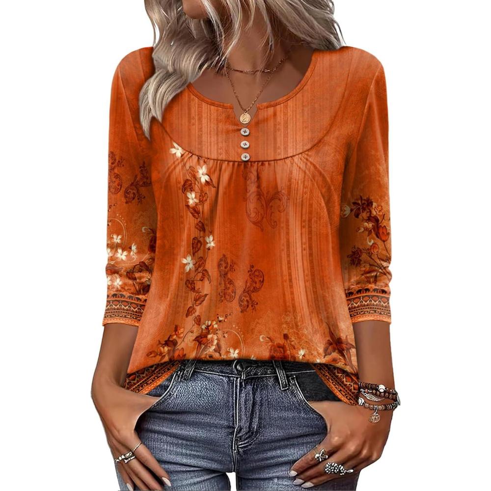 imageZeagoo 34 Length Sleeve Womens Tops 2026 V Neck T Shirts Dressy Casual Fall Blouses Floral Summer Business Work Basic TeesOrange Ethnic Print