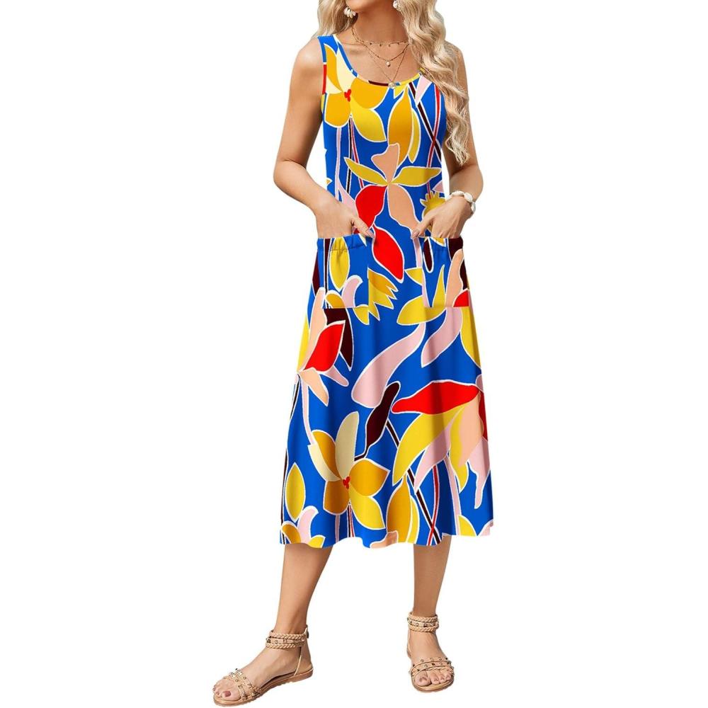 imageZeagoo Dresses for Women 2026 Casual Summer Midi Sleeveless Dress A Line Crewneck Beach Vacation Tank Sundresses with PocketsBlue Floral 03dh620