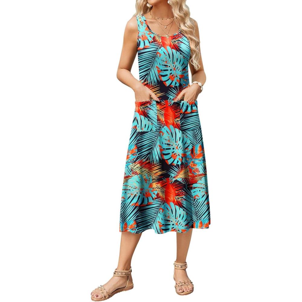 imageZeagoo Dresses for Women 2026 Casual Summer Midi Sleeveless Dress A Line Crewneck Beach Vacation Tank Sundresses with PocketsBlue Floral Leafpa116