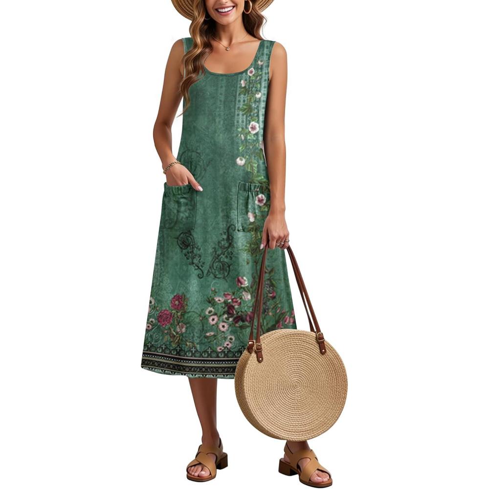 imageZeagoo Dresses for Women 2026 Casual Summer Midi Sleeveless Dress A Line Crewneck Beach Vacation Tank Sundresses with PocketsGreen Floralpa171