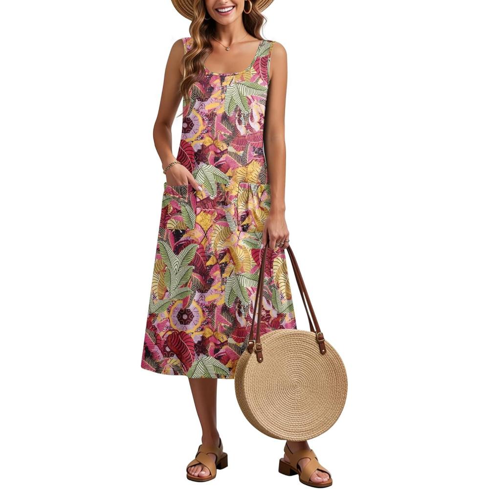 imageZeagoo Dresses for Women 2026 Casual Summer Midi Sleeveless Dress A Line Crewneck Beach Vacation Tank Sundresses with PocketsGreen Leafzw392