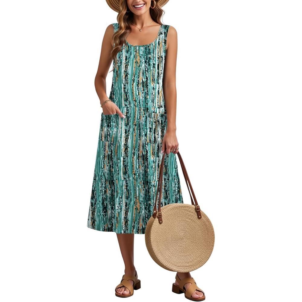 imageZeagoo Dresses for Women 2026 Casual Summer Midi Sleeveless Dress A Line Crewneck Beach Vacation Tank Sundresses with PocketsGreencx259